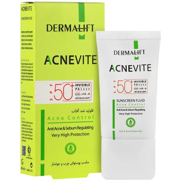 فلوئید ضدآفتاب spf50 آکنویت مناسب پوست چرب و جوش دار درمالیفت 40 میلی لیتر بی رنگ