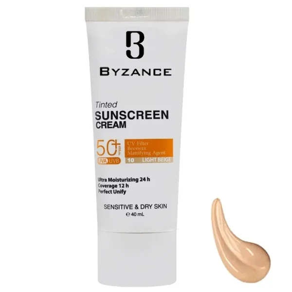 فلوئید ضد آفتاب رنگی بیزانس SPF50 شماره 10 بژ روشن مناسب پوست خشک حجم 40 میل